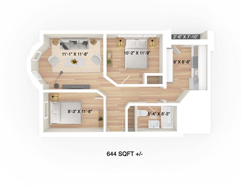 Floor plan for 2 beds, 1 bath, 644 sqft